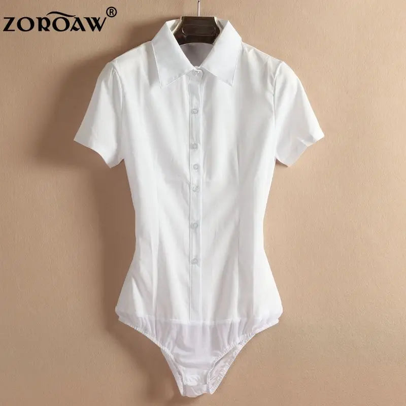 Elegant Fashion Short Sleeve Bodysuit Women White Color Tops And Blouses Office Lady BodyShirt Summer Jumpsuit Rompers 5XL