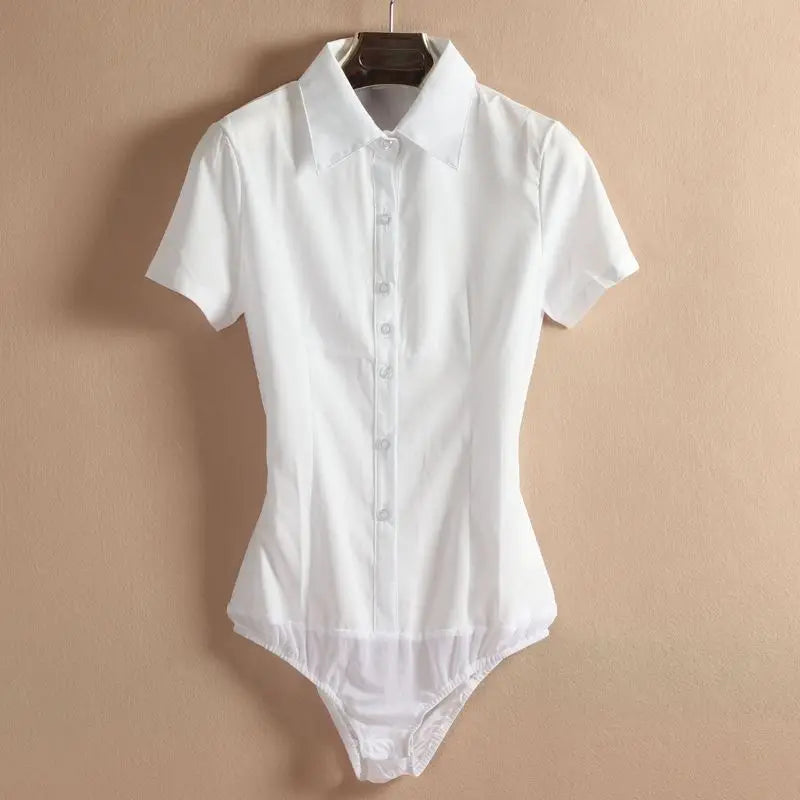 Elegant Fashion Short Sleeve Bodysuit Women White Color Tops And Blouses Office Lady BodyShirt Summer Jumpsuit Rompers 5XL