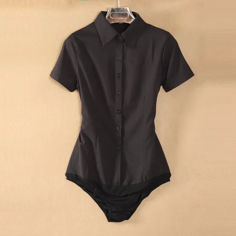 Elegant Fashion Short Sleeve Bodysuit Women White Color Tops And Blouses Office Lady BodyShirt Summer Jumpsuit Rompers 5XL