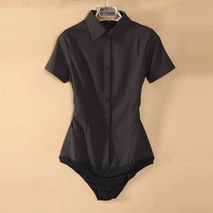 Elegant Fashion Short Sleeve Bodysuit Women White Color Tops And Blouses Office Lady BodyShirt Summer Jumpsuit Rompers 5XL