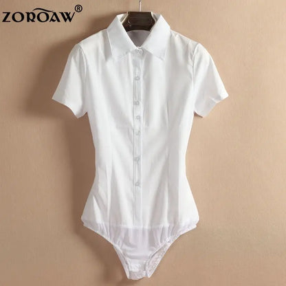 Elegant Fashion Short Sleeve Bodysuit Women White Color Tops And Blouses Office Lady BodyShirt Summer Jumpsuit Rompers 5XL