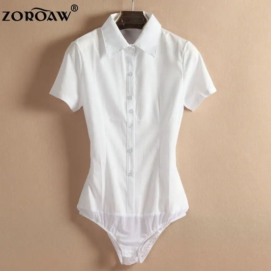 Elegant Fashion Short Sleeve Bodysuit Women White Color Tops And Blouses Office Lady BodyShirt Summer Jumpsuit Rompers 5XL
