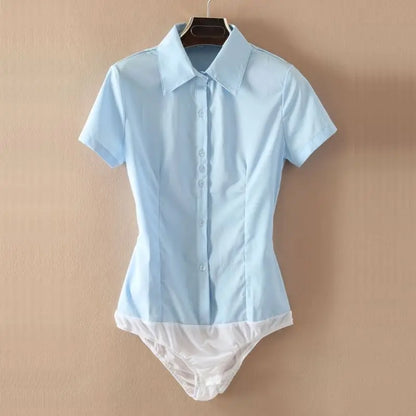 Elegant Fashion Short Sleeve Bodysuit Women White Color Tops And Blouses Office Lady BodyShirt Summer Jumpsuit Rompers 5XL