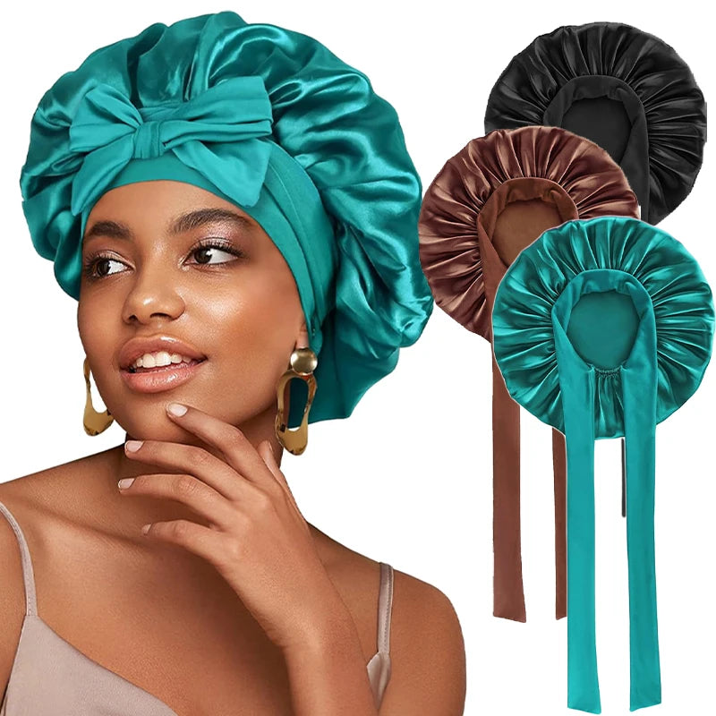 New Satin Solid Sleeping Hat With Stretchy Tie Band Elastic For Women Night Shower Cap Adjustable Hair Head Cover Bonnet Turban